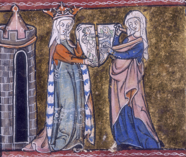 Guinevere with the cleft shield, c1316. Queen Guinevere and another woman holding two halves of a