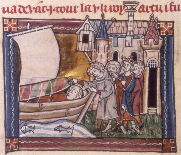 Arthur and his knights finding the dead body of Elaine, c1316. Miniature depicting King Arthur and