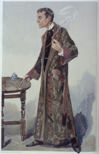 Sherlock Holmes holding a pipe and revolver, late 19th-early 20th century. Holmes with his