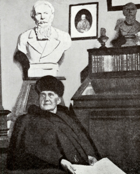 Mme Dostoevsky at work in the Dostoevsky room of the Moscow Historical Museum (taken during her