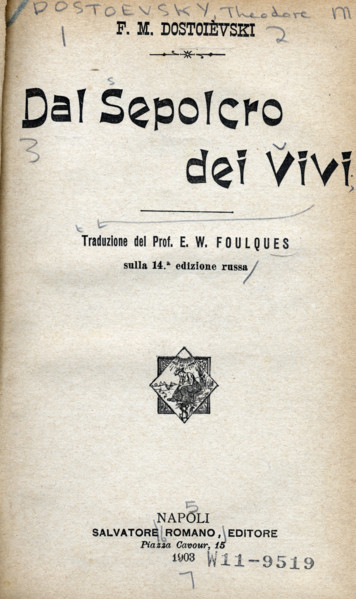 Title page from "Dal Sepolcro dei Vivi" by Fyodor Dostoevsky, 1903. Italian translation by E. W.