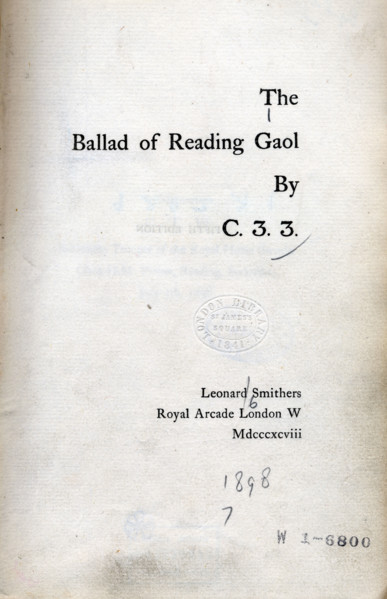 The Ballad of Reading Gaol by C.3.3., 1898. Title page of Oscar Wilde's "The Ballad of Reading
