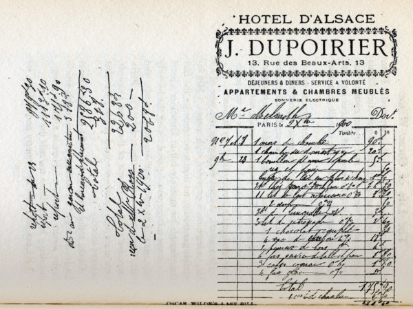 Oscar Wilde's last bill at the Hotel D'Alsace, Paris, France, 1900. 'Dejeuners & Diners - Service a