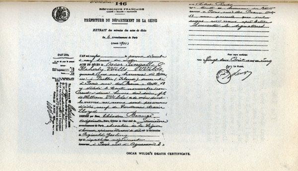 Oscar Wilde's death certificate, 1900. 'Préfecture du Département de la Seine' (Prefecture of the