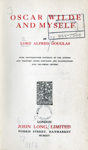 Title page from "Oscar Wilde and Myself" by Lord Alfred Douglas, 1914. 'with photogravure portrait