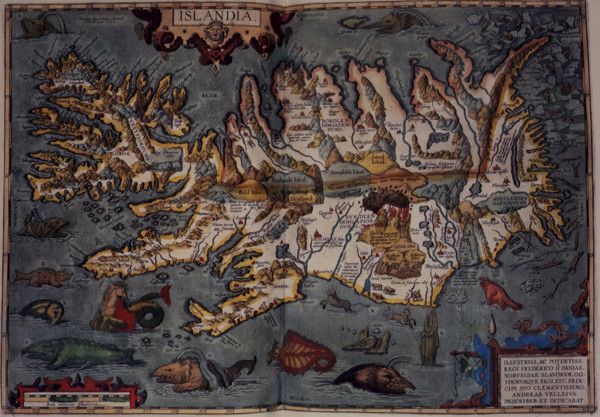 Map of Iceland, 1606. 'Islandia', with volcanos and sea monsters. From "Theatrum Orbis Terrarum",