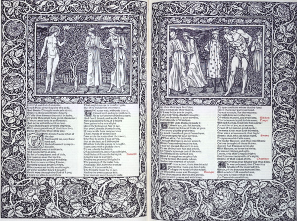 Two illustrations and text from the Canterbury Tales, 1896. The Kelmscott Chaucer, with