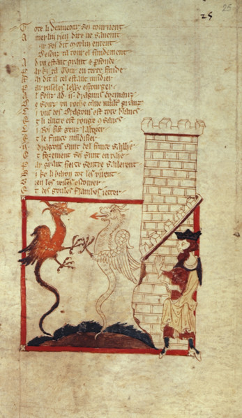 The deeds of Merlin: Vortigern finds red and white dragons beneath the foundation of his castle,