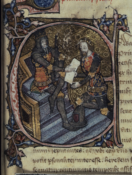Initial E: King Edward III granting the Black Prince the principality of Aquitaine, c1386-c1399.