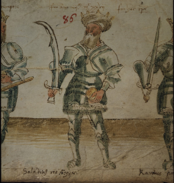 Illustration of Saladin, holding a scimitar, 15th century. Salah ad-Din Yusuf ibn Ayyub