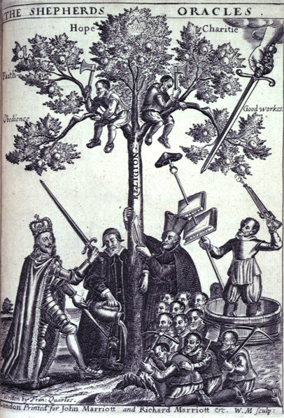 King Charles I, 1646. The Tree of Religion protected by Charles I and watered by a cleric (possibly
