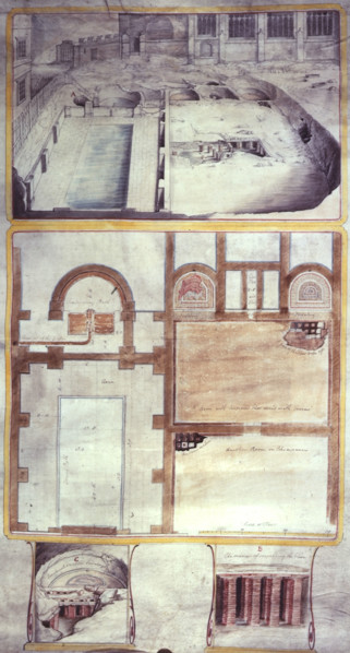 View and plans of the Roman baths at Bath, County Somerset, 1762. Remains of Roman baths at Bath,