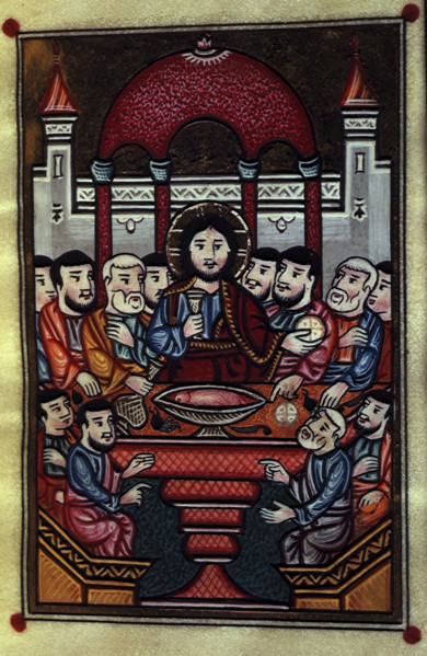 The Last Supper, 1695. Christ at a table with his disciples partaking in bread and wine. From "The