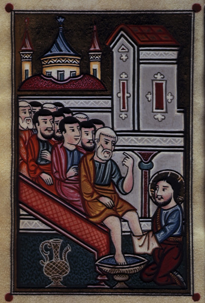 Christ in the symbolic bathing of feet, 1695. Christ washes the feet of his disciples. Vellum