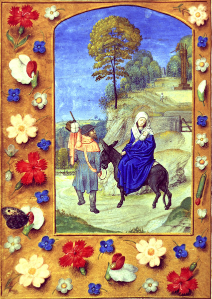 The Flight into Egypt, c1480s. Vespers of the Hours of the Virgin. Border of trompe l'oeil