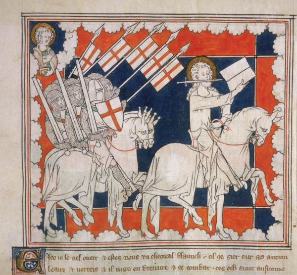 The Rider on the White Horse, c1310-c1325. Jesus Christ leading the Crusaders; above left: St John