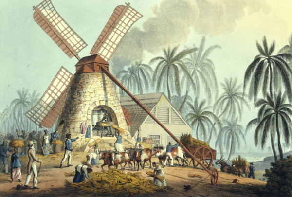 The Mill Yard, Antigua, 1823. A large windmill  set in a tropical landscape surrounded by African