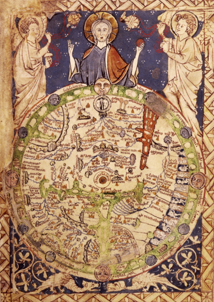 Psalter Map, c1250. A round map of the world, set in a square ornamental frame, Jerusalem being in