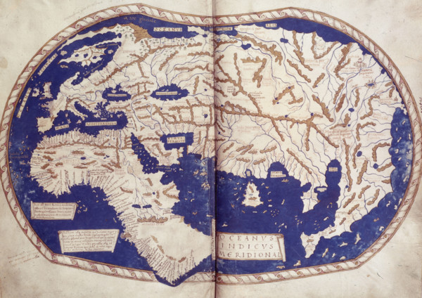 World map, 1490. Labelled and coloured, within a border.