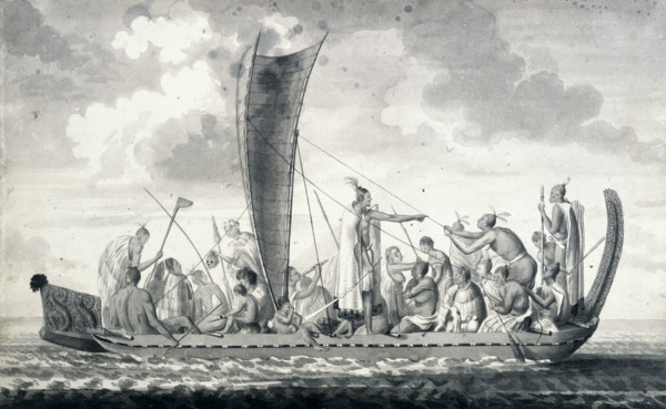 A New Zealand war canoe with sail, 1768-1780. A Maori war canoe with its crew, one of whom holds a