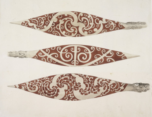 Three painted paddle blades, c1768-c1780. From "A collection of Drawings by A Buchan, S Parkinson,