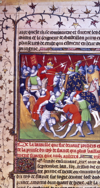 Scene from the Battle of Poitiers, 1356, during The Hundred Years' War. From "Grandes Chroniques de