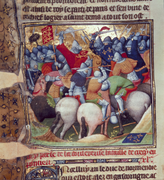 Scene from the Battle of Crecy, 1346, (c1346-c1400). Fierce fighting between soldiers and knights
