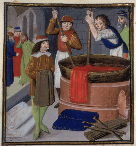 Dyers soaking red cloth in a heated barrel, 1482. Men stirring a vat of dye over a fire. From "Le