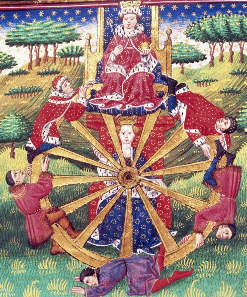 Wheel of Fortune, c1520. A king presides over the wheel with a woman representing Fortune in the