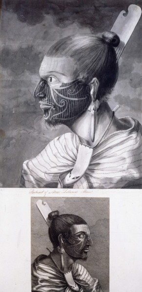 Two portraits of Maoris, c1768-c1780, 1769.  Head and shoulders portraits of two Maoris with