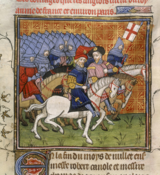 The English army, on horses, with their leaders, c1375-c1400. A large army of armoured, mounted