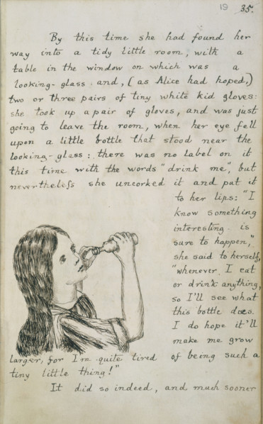 Alice about to drink from a bottle, c1862-c1864. Alice is about to drink the magic potion which