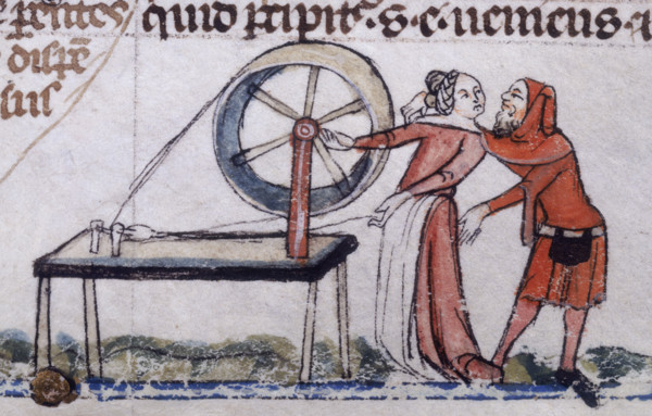 A woman being distracted from her spinning, early 14th century. A man is putting an arm around her