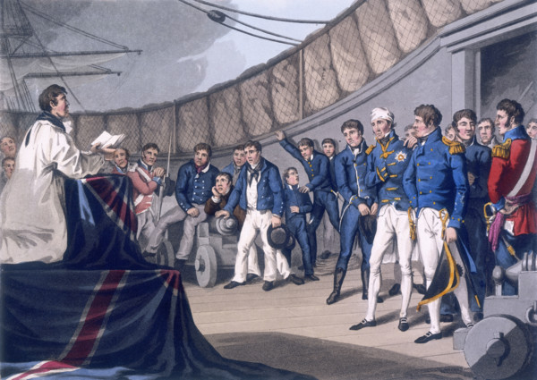 Sailors at prayers on board Lord Nelson's ship, after the Battle of the Nile, 1819. The priest