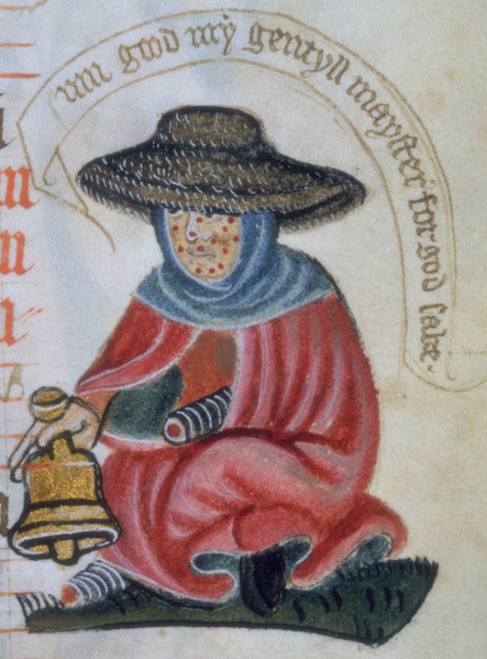Leper woman with a bell, 14th century.