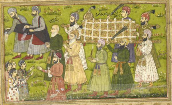 Buzurjumid leading the funeral procession accompanied by water-sprinklers and men giving coins to