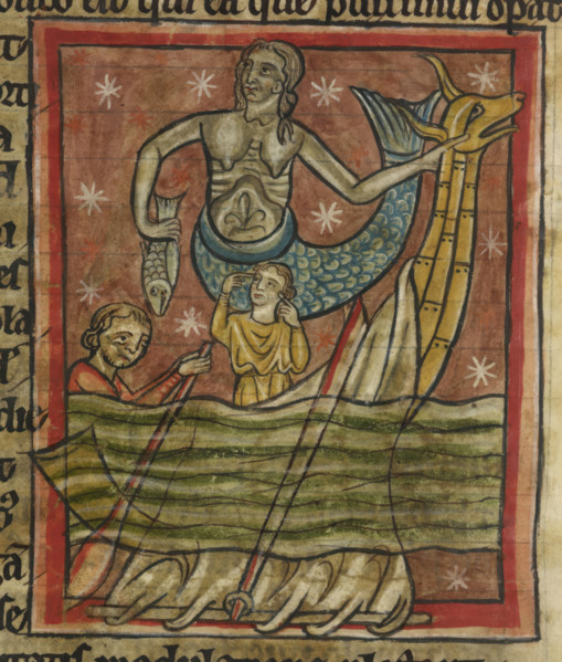 Siren enchants sailors, 1230-1240. From Bestiary.