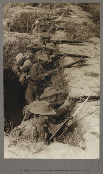 Gharwalis [sic] lining a reserve trench in expectation of a German attack, 1915 (1921). From India