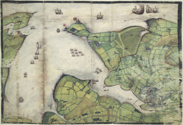 Coloured manuscript plan of Falmouth Haven, or Harbour, 1579. From Lord Burghley's Atlas.