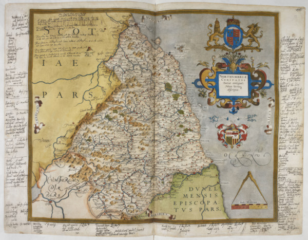 Engraved map of Northumberland, from drawings of Christopher Saxton, 1579. Dedicated to Queen