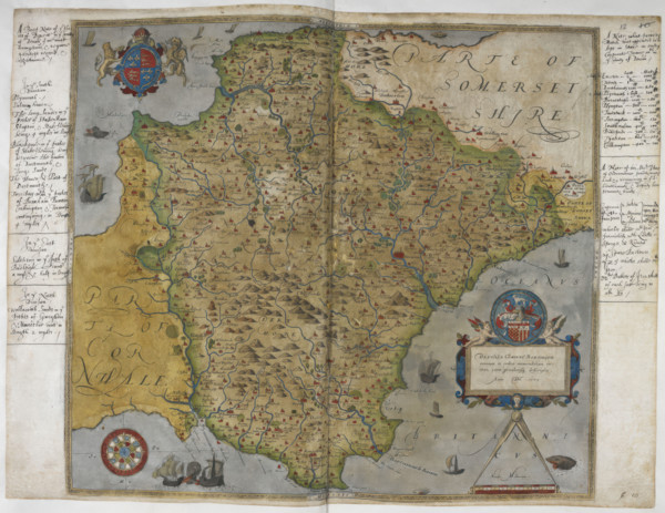 Printed map of Devon, dated 1575, with marginal notes by Lord Burghley relating to the defence of