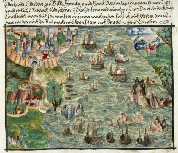 View of Lisbon, with ships tossed about in the treacherous waters of the inlet, 1560-1632. From