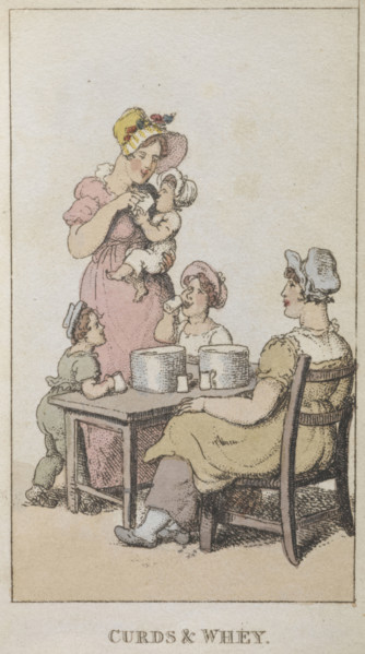 Curds & whey', 1820. A mother feeding her child.' . From Rowlandsons Characteristic Sketches Of The