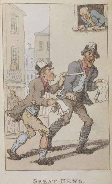 'Great news', 1820. Two men handing out news notices  in the street. One blowing a small wind