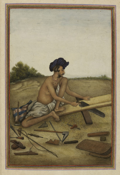 Khati or Tarkhan, carpenter caste of the Panjab - Man sawing a plank, 1825 . From Tashrih Al Aqvam