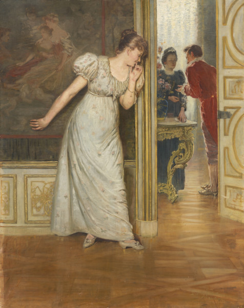 Courting, 1893. Young woman listening to a conversation, possibly between her suitor and her mother