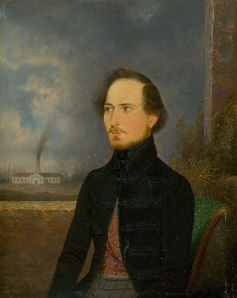 Portrait of J. Stróbl, 1843. A well-to-do man, probably a manufacturer, with a factoy in the