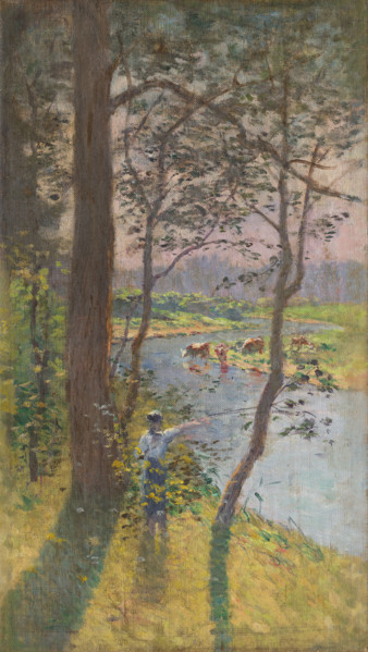 Landscape with cattle drinking at a river, c1900.