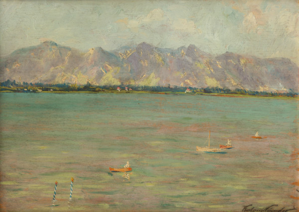 Mountain landscape with lake, after 1900.