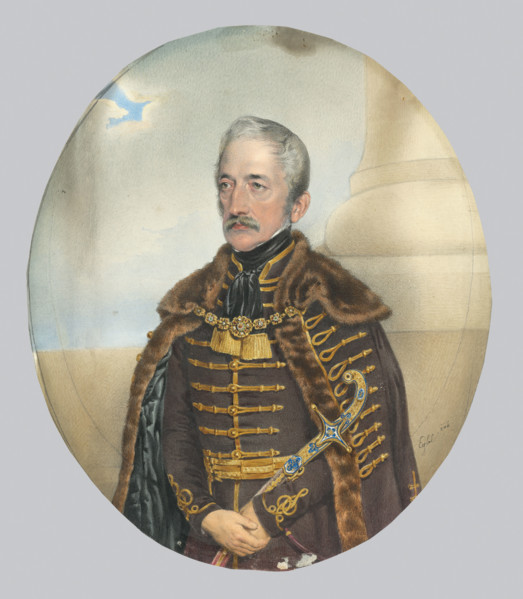 Portrait of a nobleman with a sword, 1842. Man wearing a fur cloak fastened with a gold clasp.